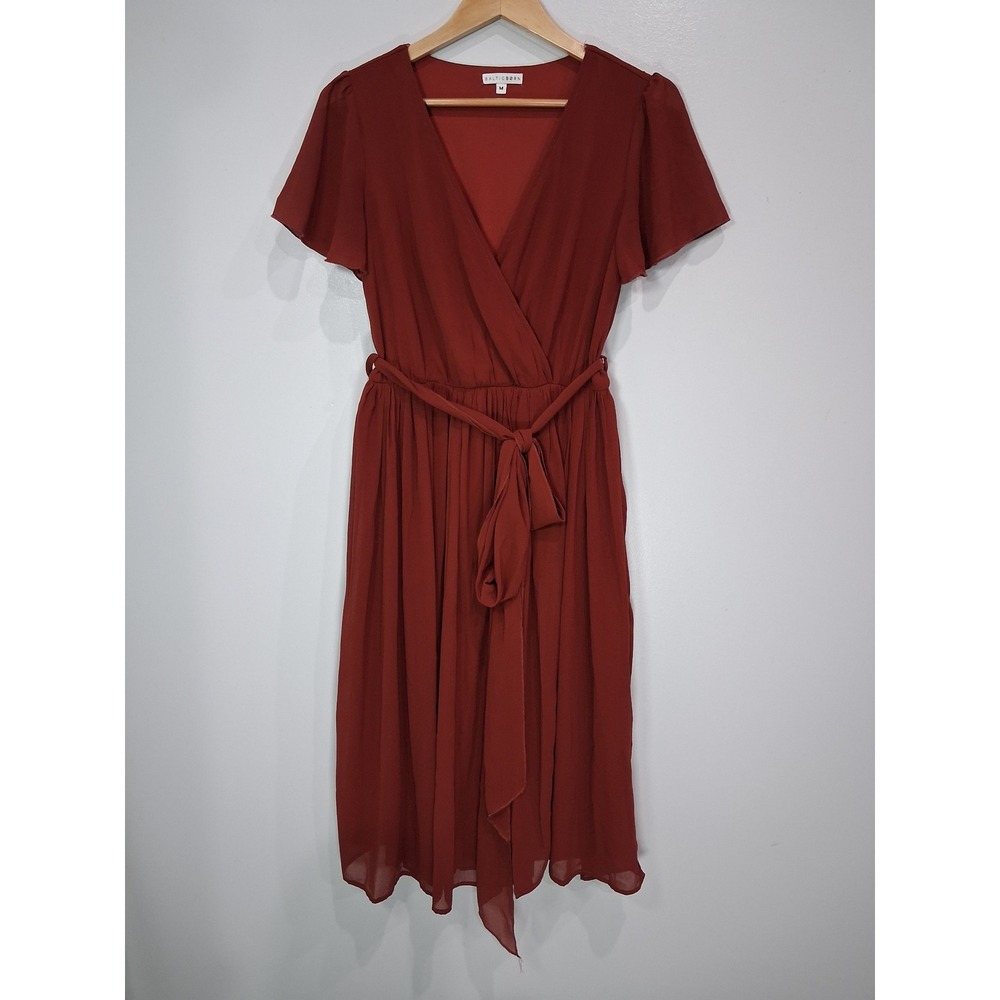 Baltic Born Rust Red Chiffon Flutter Sleeve Wrap Midi Dress Womens Medium - Picture 1 of 7